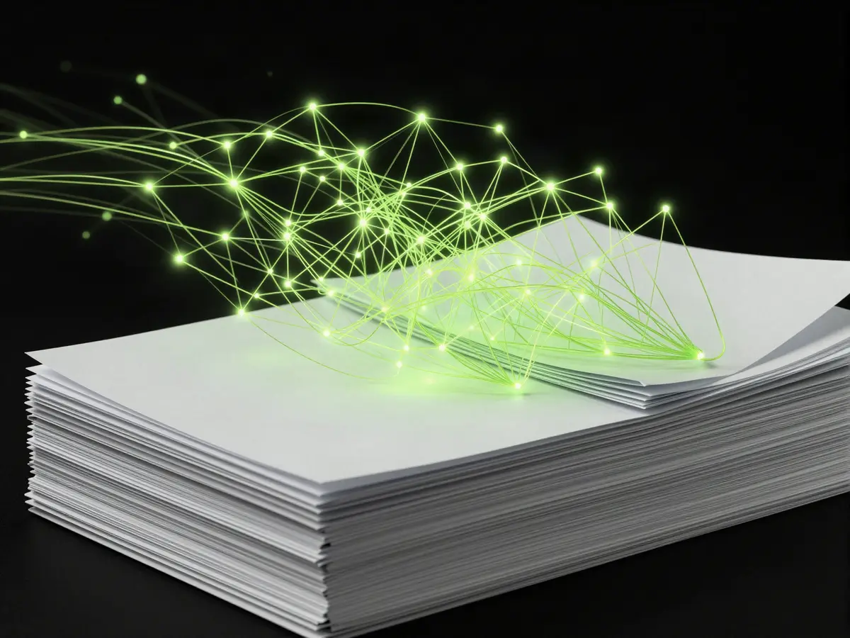 Groen neuraal netwerk dat over een stapel documenten loopt — AI-automatisering door Johan Ong