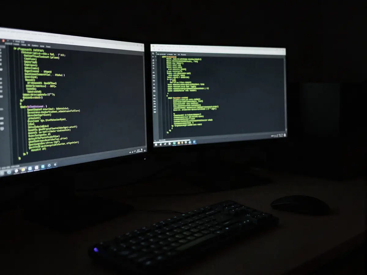 Twee monitoren vol code in een donkere werkruimte — maatwerk software en web development door Johan Ong