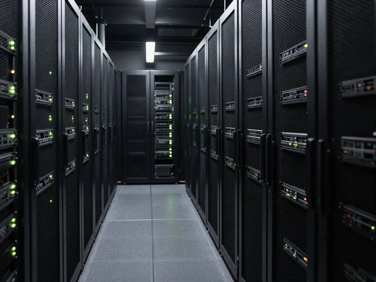 Gang in een datacenter met serverkasten en groene statuslampjes — samenwerking met cloud- en infrastructuurpartners