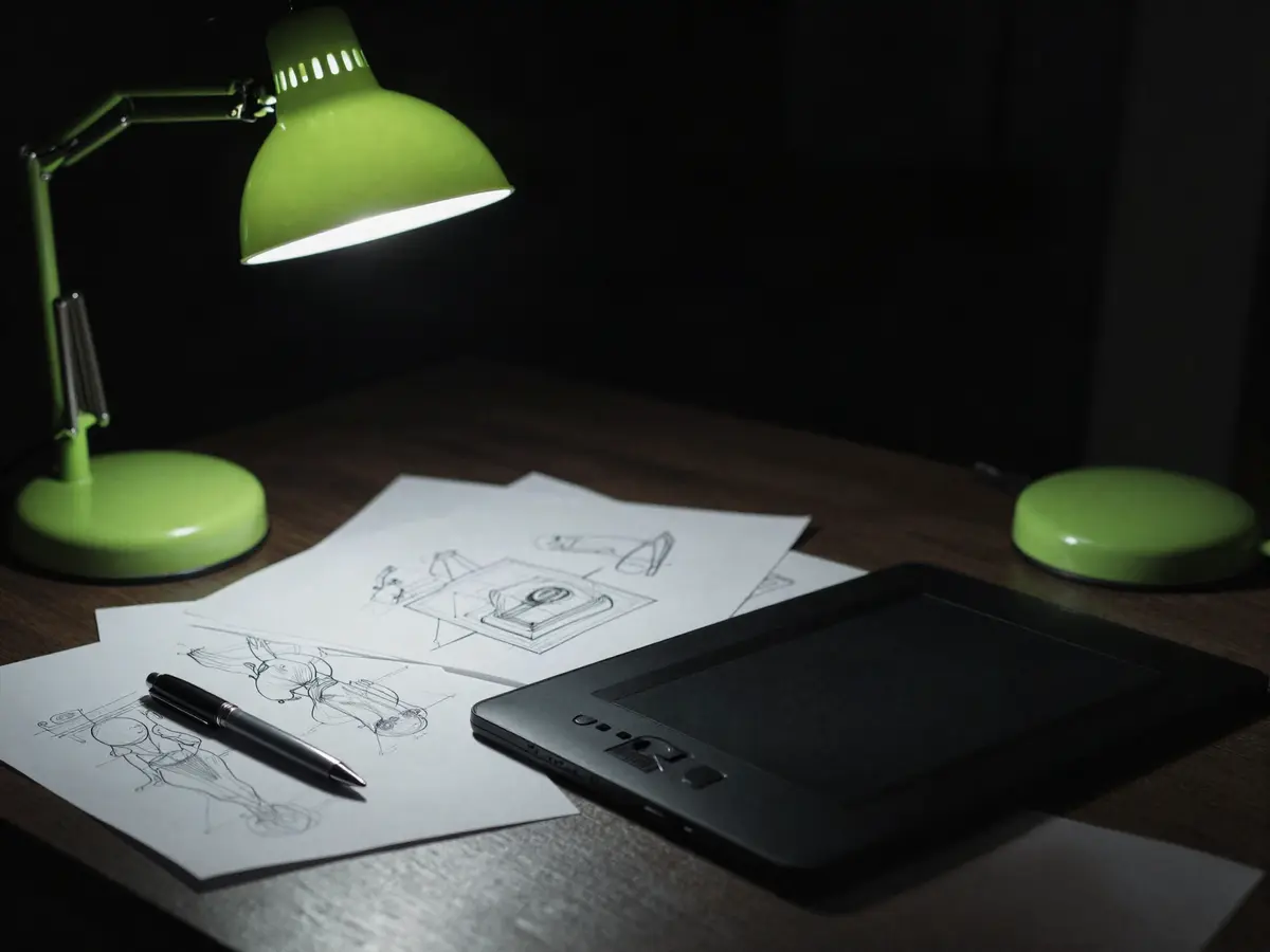 Schetsen van wireframes en een tekentablet onder een groene bureaulamp — samenwerking met ontwerpers