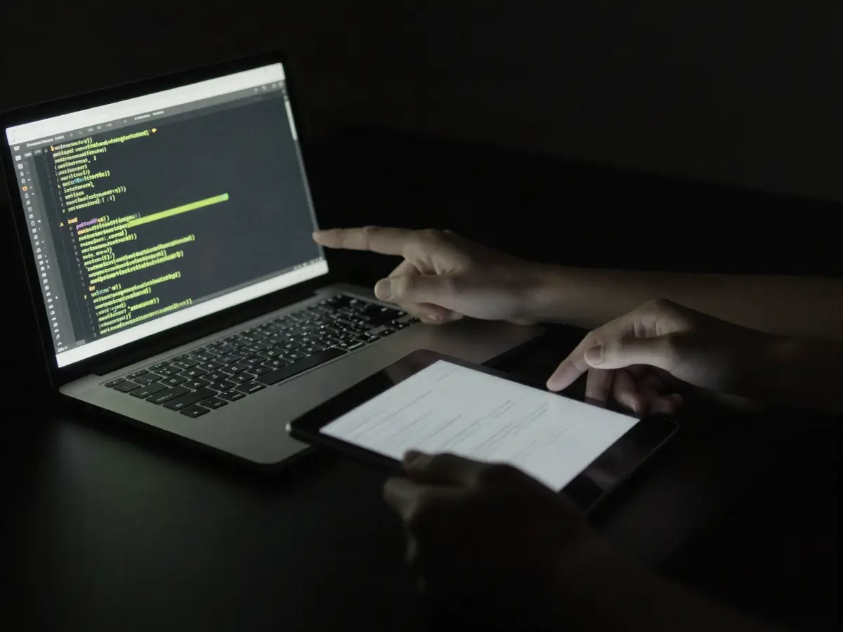 Twee handen wijzen samen naar code op een laptop en een tablet — samenwerking met software-specialisten